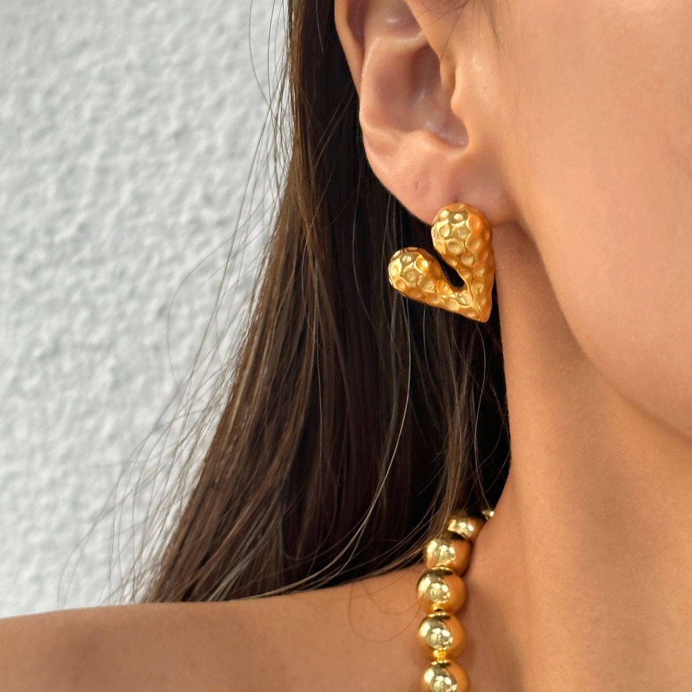 24K Gold Heart Earrings*Textured Designed*Waterproof and Sweatproof